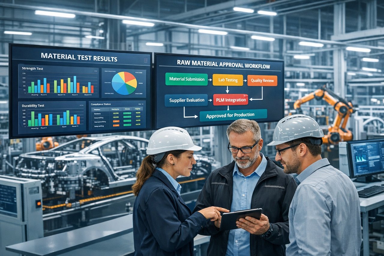 The image depicts a sleek, modern digital interface showcasing an integrated Product Lifecycle Management (PLM) system. In the foreground, a user interacts with a touchscreen display filled with vibrant charts, graphs, and tables representing structured raw material approval data. The background features a futuristic laboratory environment, illuminated by soft blue and green lighting, where technicians in lab coats conduct tests on various materials, including plastics, metals, and composites. A large digital monitor on the wall displays real-time updates of test results and approvals, emphasizing collaboration between OEMs, suppliers, and testing laboratories. The overall atmosphere conveys efficiency, innovation, and a seamless connection between digital data and physical testing processes.