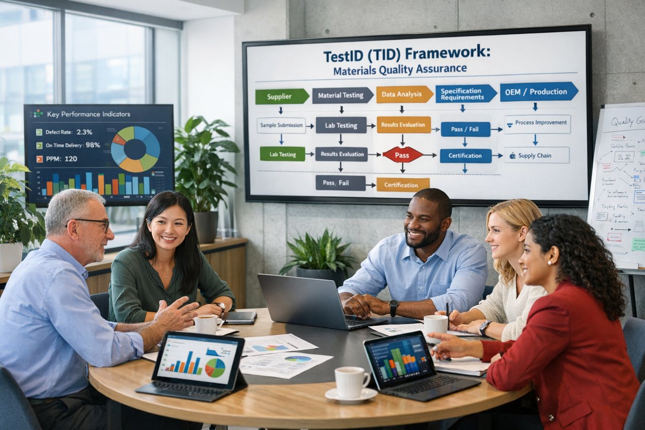 In a sleek, modern office bathed in bright, natural light streaming through expansive windows, a diverse group of professionals engages in spirited collaboration around a circular table. The spacious room features contemporary furnishings and is adorned with potted plants that enhance its inviting ambiance. Laptops and digital tablets display vibrant graphs and data visualizations, while a large screen showcases a detailed flowchart of the TestID (TID) framework, crucial for materials quality assurance. In the background, a digital board highlights key performance indicators, and a whiteboard brims with notes and diagrams, embodying an atmosphere of creativity and innovation within the automotive supply chain.